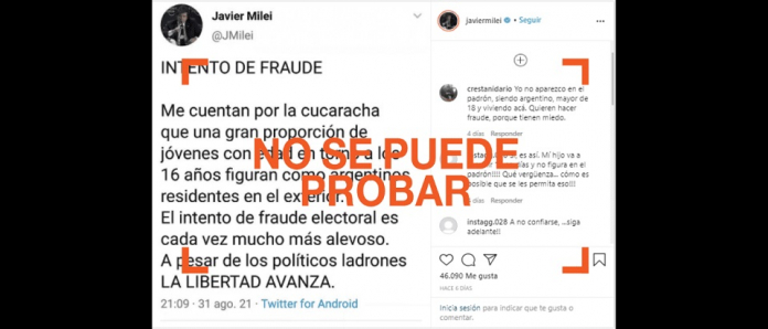 El precandidato a diputado nacional por Libertad Avanza señaló en redes que una "gran proporción de jóvenes con edad en torno a los 16 años figuran como argentinos residentes en el exterior" y habló de "intento de fraude electoral".